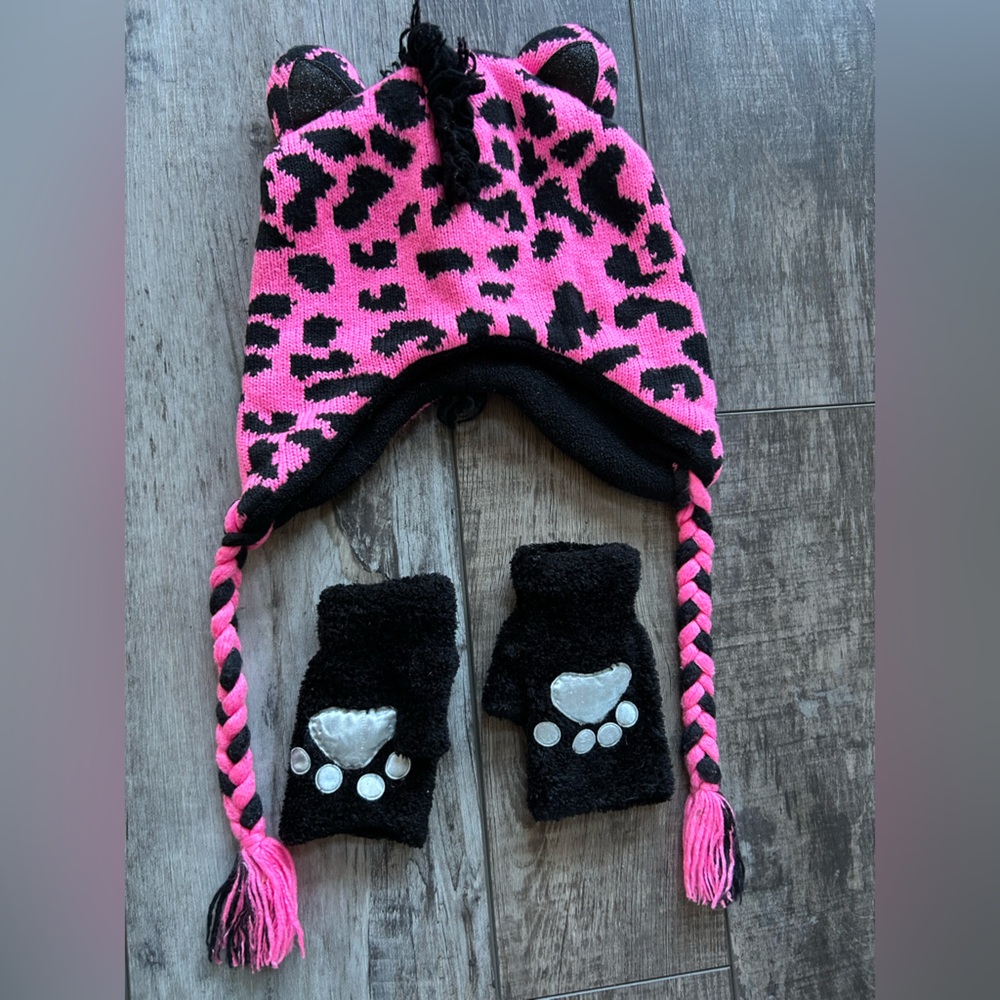 Girls Pink & Black Knit Animal Print Hat with braids & black & white Paw mittens